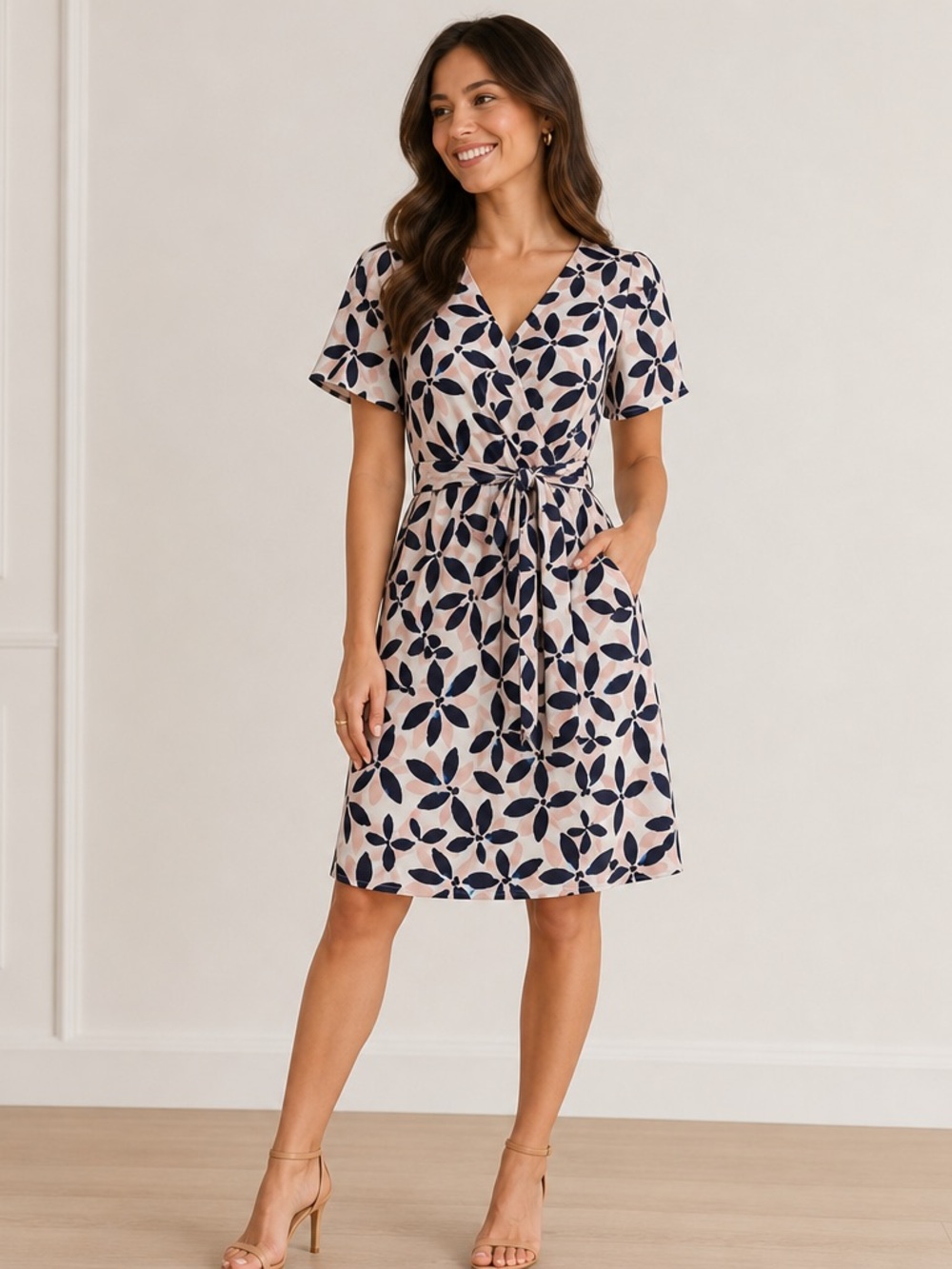 Eliza J Navy Floral Tie-Front V-Neck Midi Dress on Blush